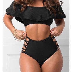 Black Ruffle CrissCross 2Piece Swimsuit Sz 1XL